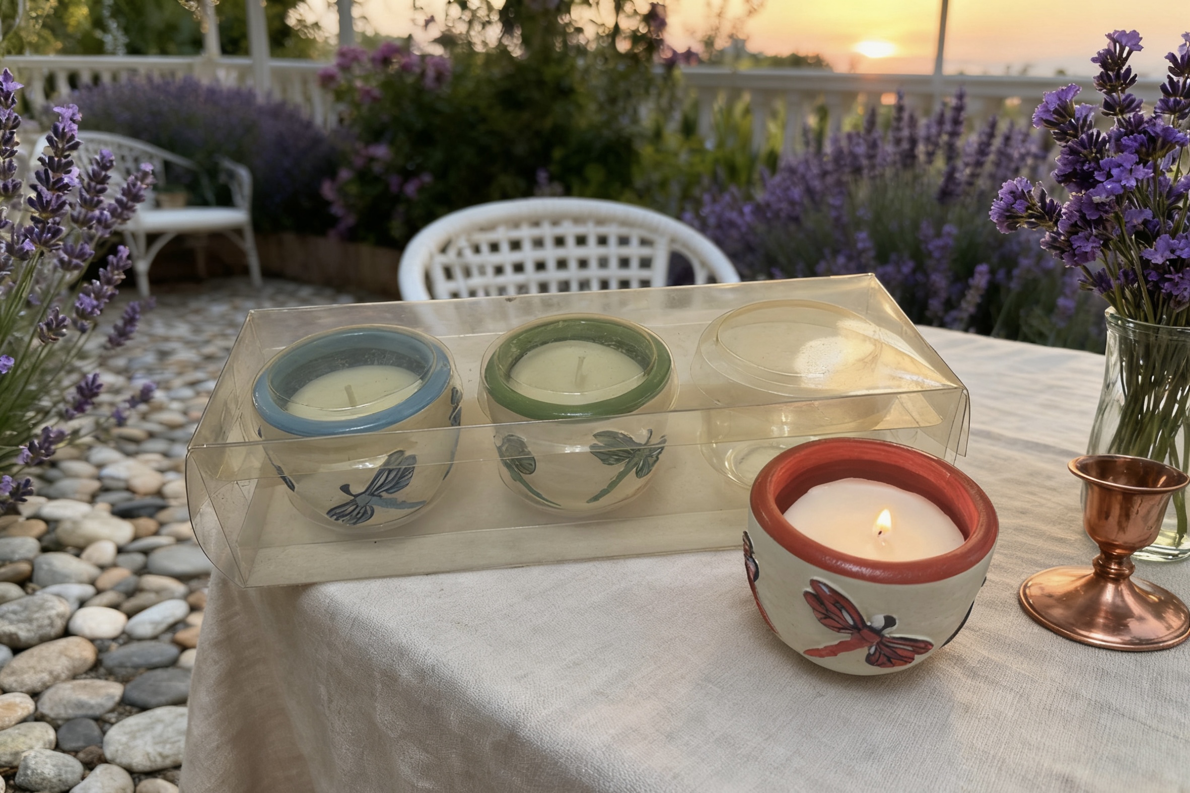 3pk Ceramic Pot with Embossing design Filled Candles
